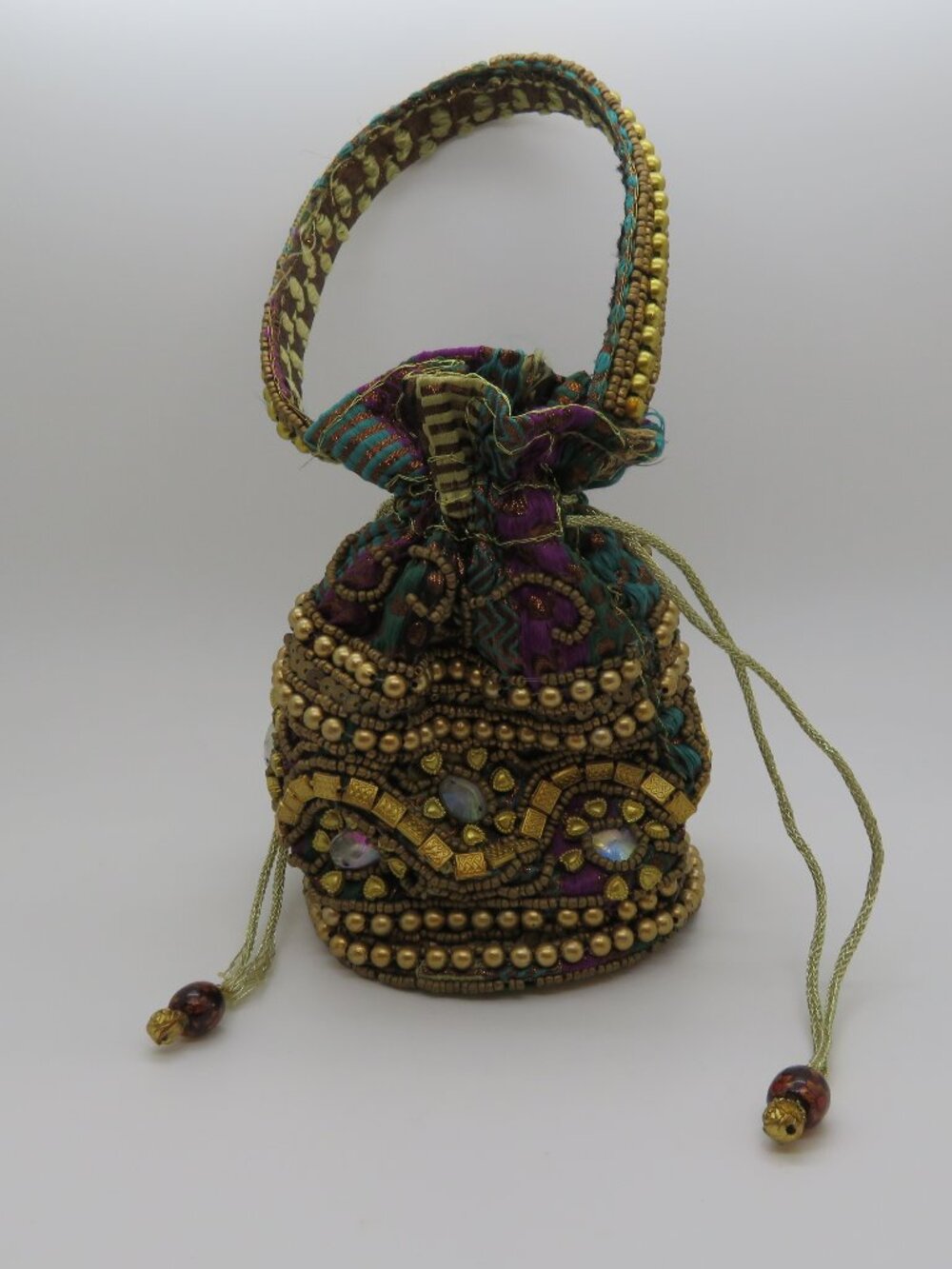 Ornate Beaded Tapestry-Style Mini Bucket Bag